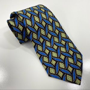 J. Riggings 100% Silk Handmade Lattice Design Necktie Tie Navy Royal Green Cream